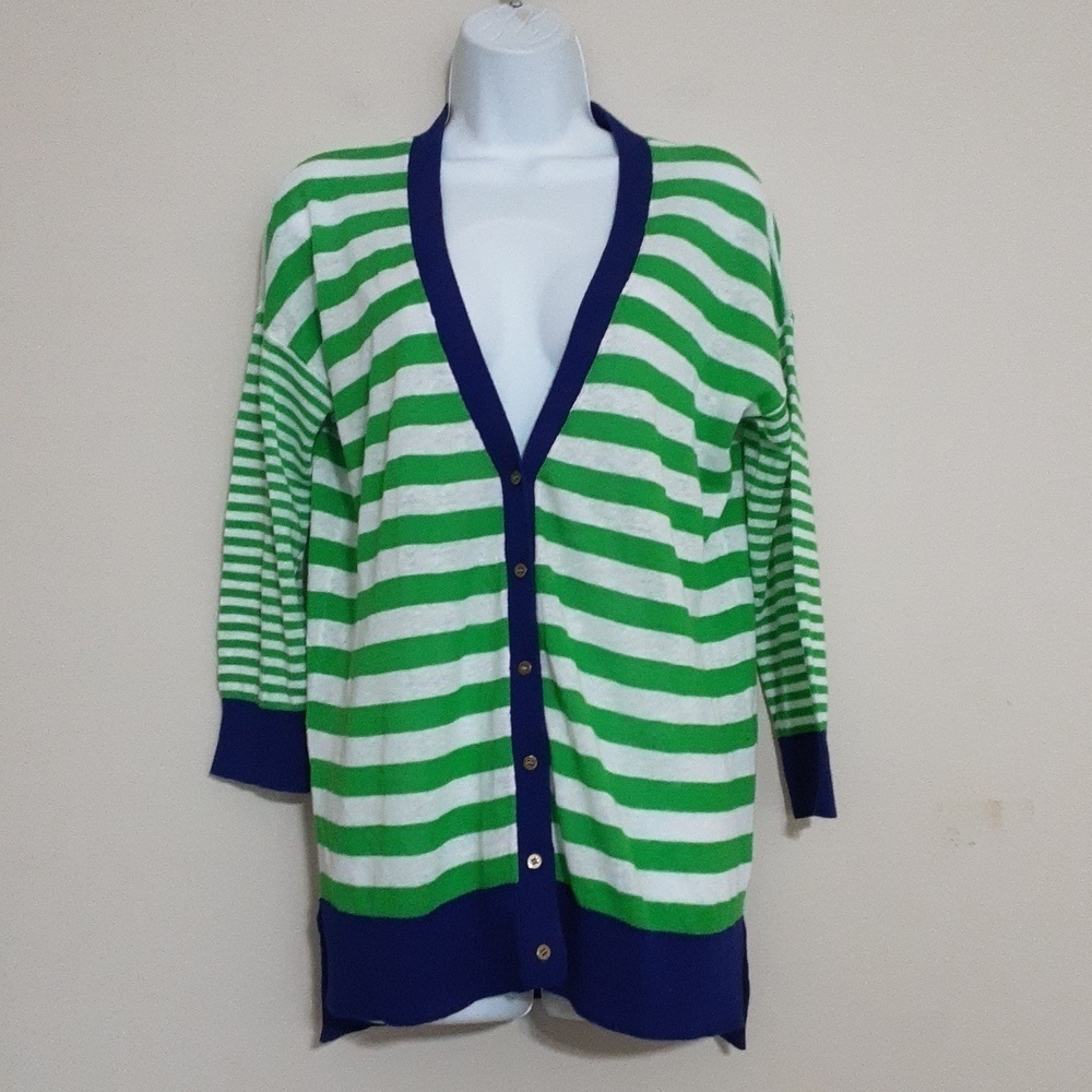 Jcp Cardigan Women Stripped Button Down M NATICAL vacation Beach Linen Green Y2k